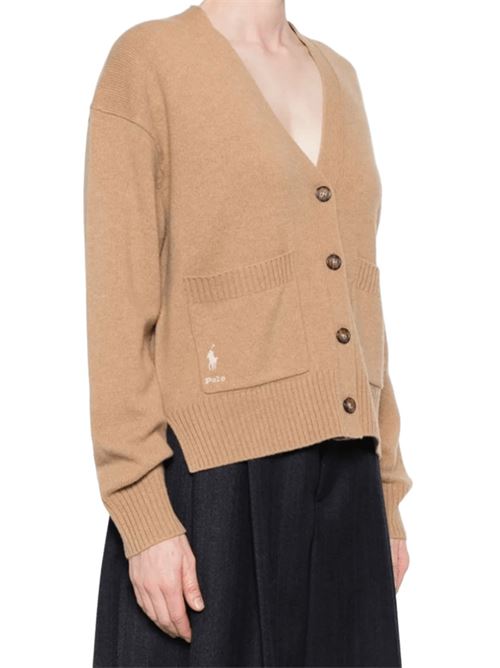Cardigan da donna in misto lana, scollo a V, tasche applicate, colore camel POLO RALPH LAUREN | 211914536008